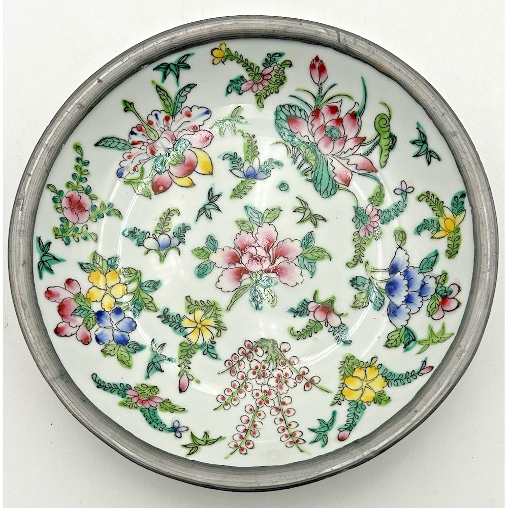 Vtg Japanese Porcelain Ware Hong Kong ACF Trinket Bowl Ashtray Floral Pewter